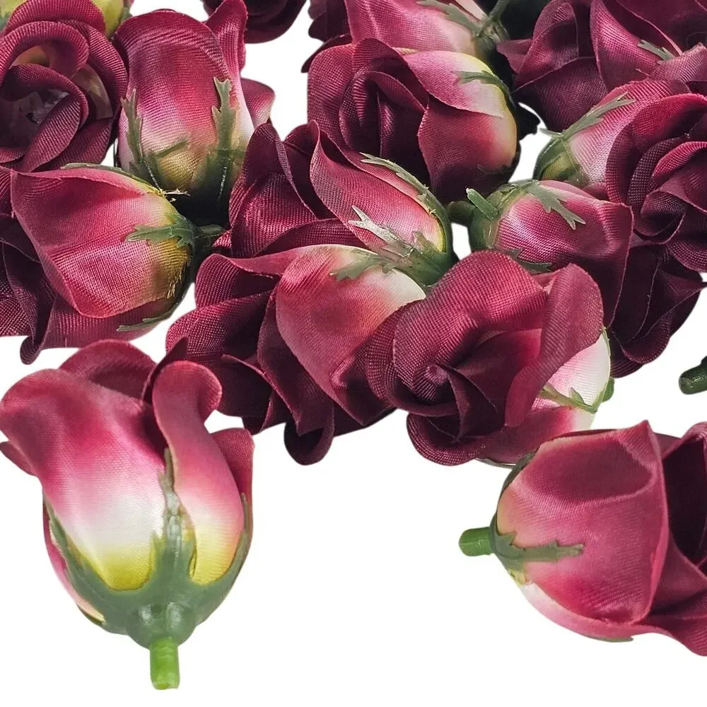 50 Wine Red Satin Rose Buds Stemless Wedding Floral Craft DIY 2 inch Burgundy